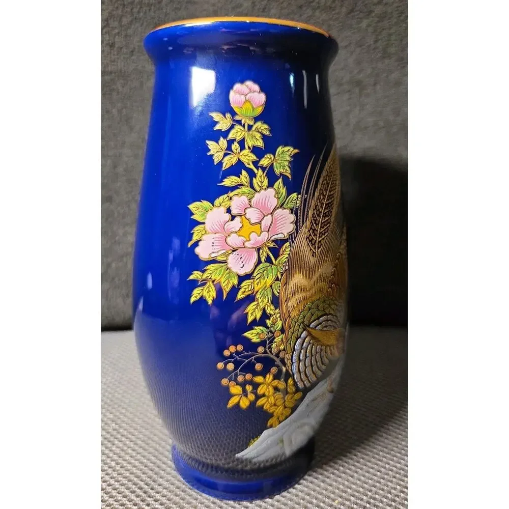 vintage Japanese cobalt blue porcelain vase 7.5 In hand-painted golden pheasant